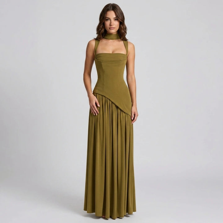 Women's sleeveless V-neck high-waist maxi dress in olive, front view