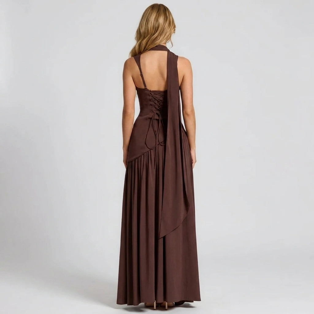 High-waist sleeveless maxi dress with side slit, back view