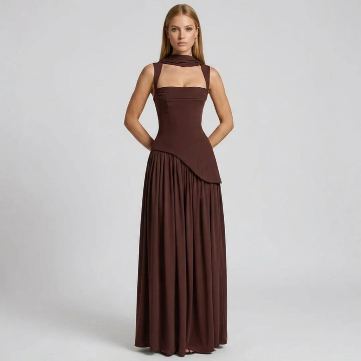 Women's slim-fit sleeveless maxi dress in cocoa, front view