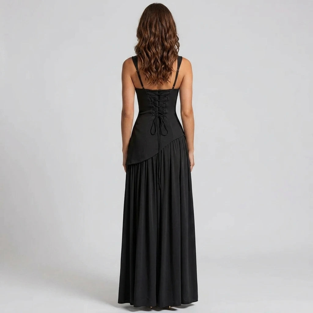 Midnight maxi dress with sleeveless design and side slit, back view