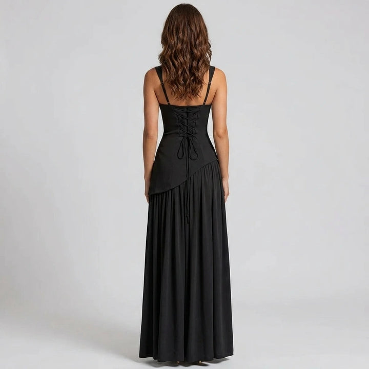 Midnight maxi dress with sleeveless design and side slit, back view
