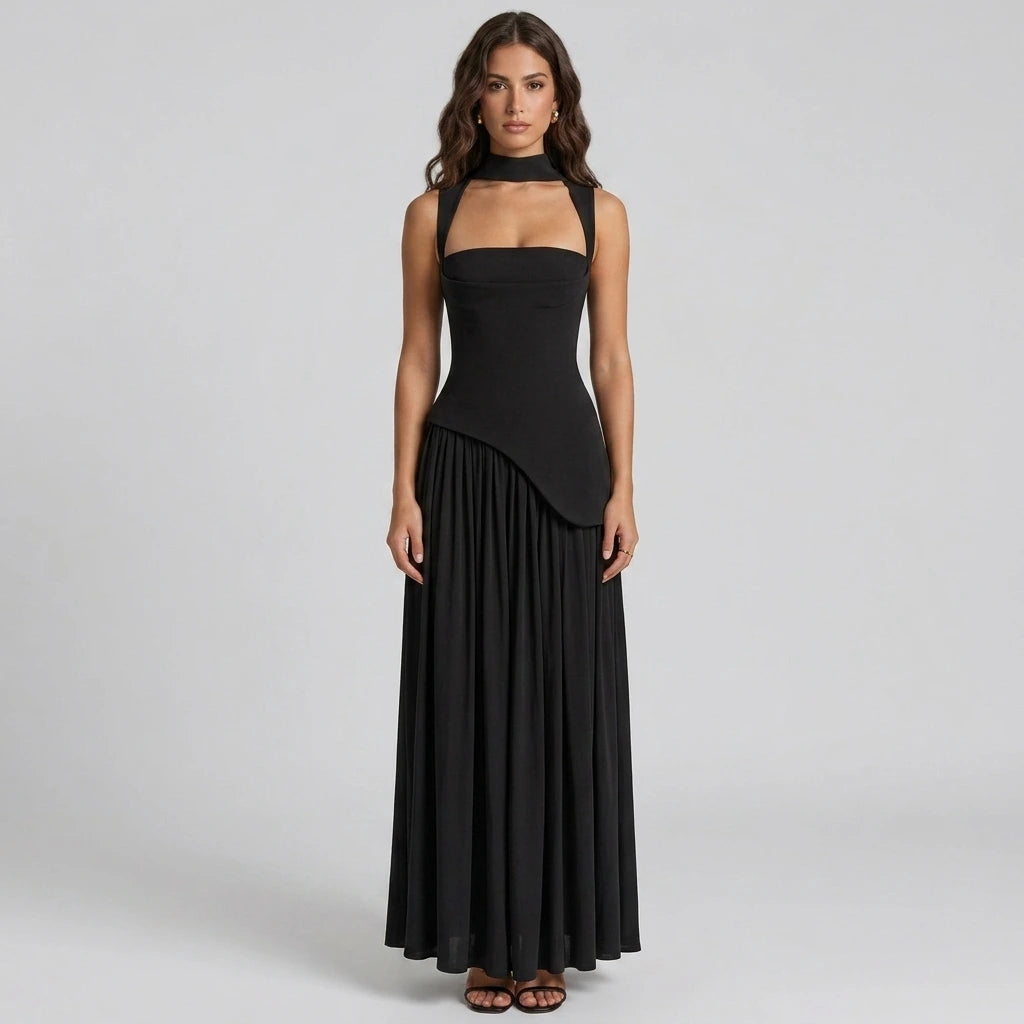 Women's sleeveless high-waist maxi dress in midnight, front view