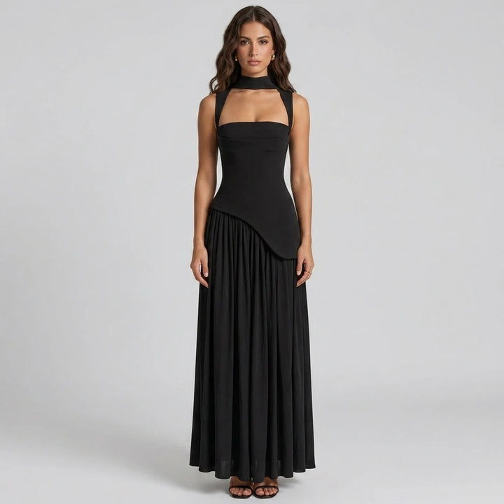 Women's sleeveless high-waist maxi dress in midnight, front view