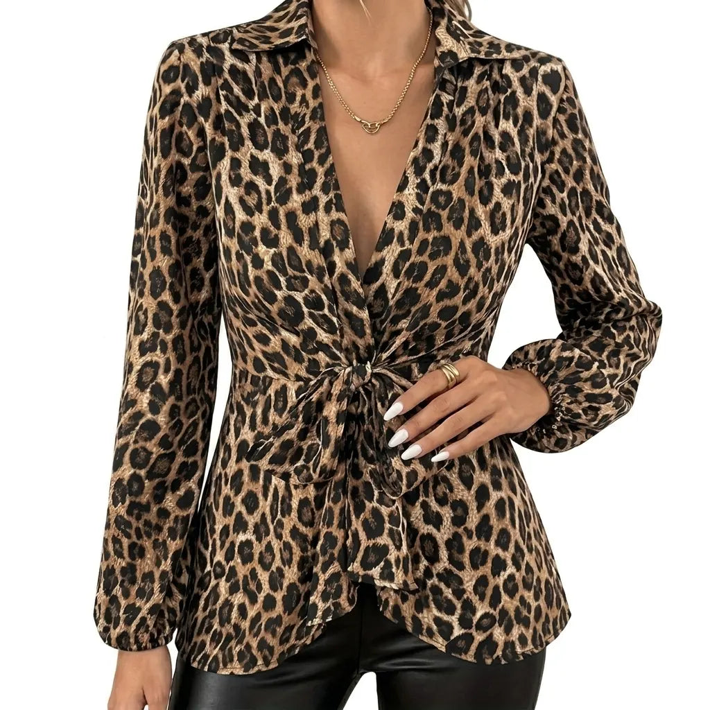 Women's tie front blouse leopard print V-neck long sleeve front view
