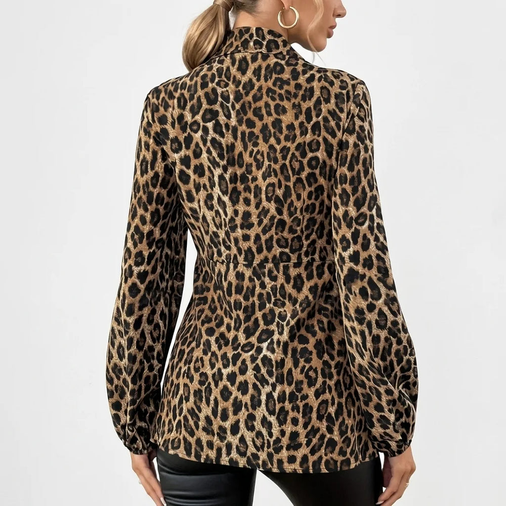 Tie front blouse leopard print back view with long sleeves