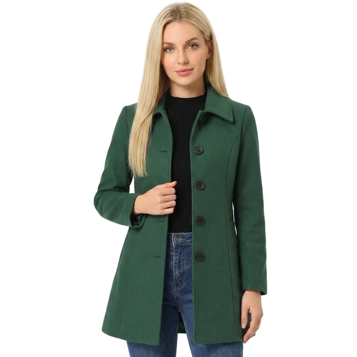Women's single-breasted midi pea coat in dark green, front view