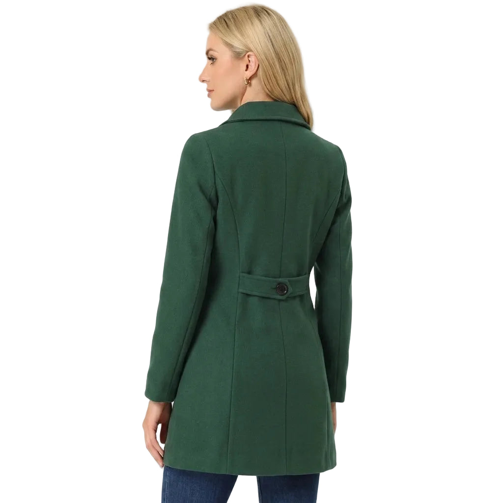Women's midi pea coat in dark green, side view showing A-line silhouette