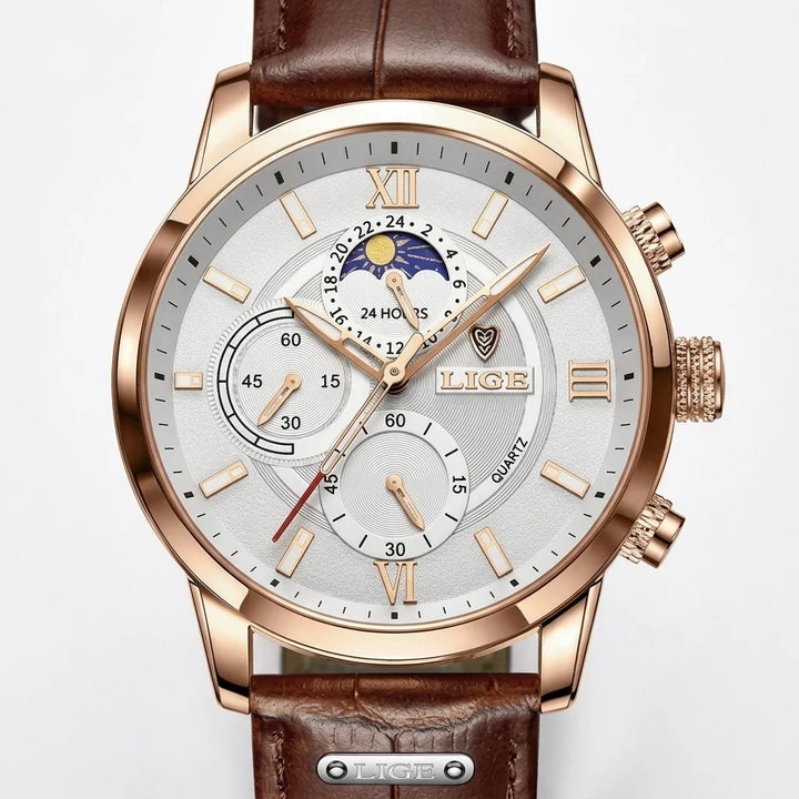 Men's moon phase chronograph watch with rose gold case and white dial, front view
