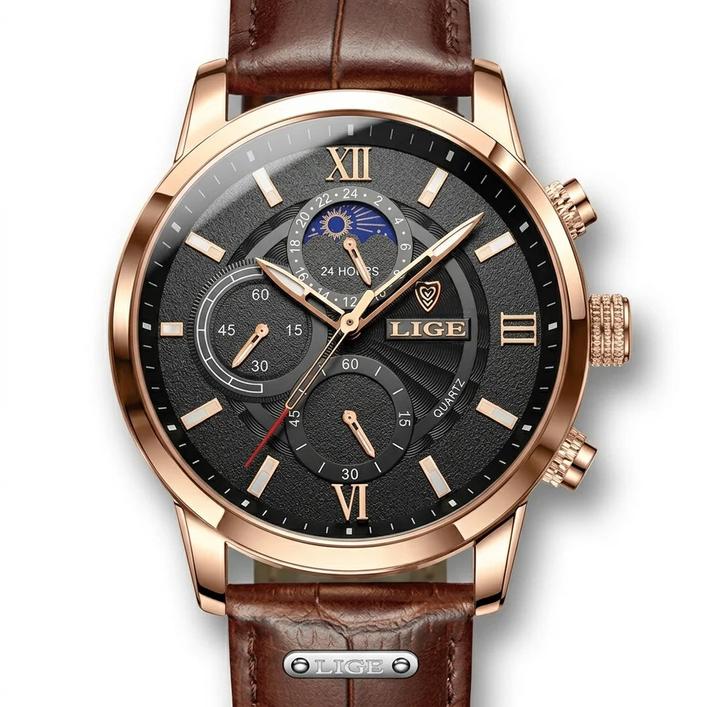 Men's multi-function chronograph watch with brown leather strap and black dial