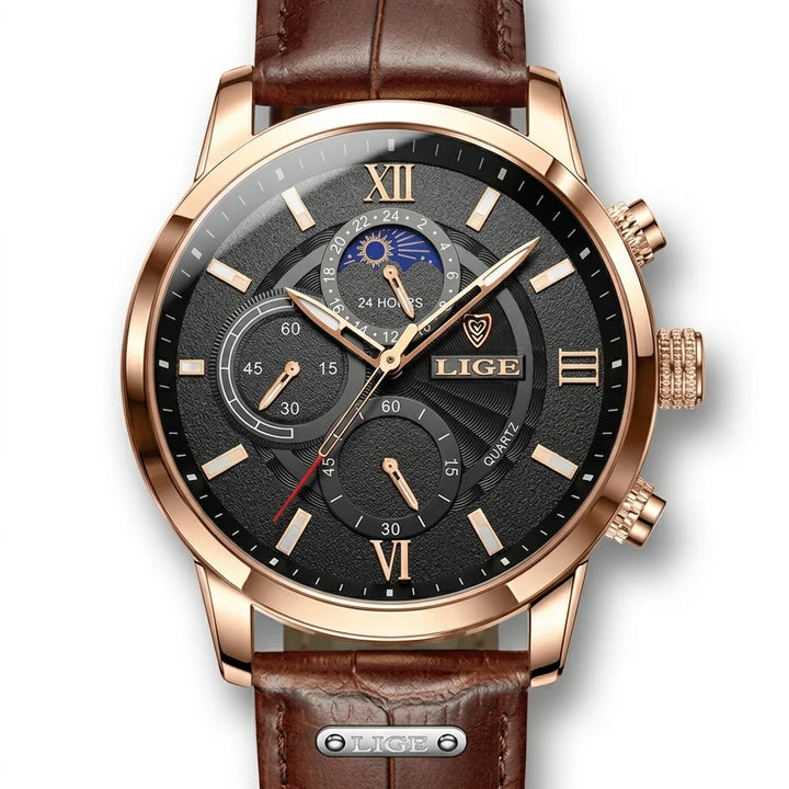 Men's multi-function chronograph watch with brown leather strap and black dial