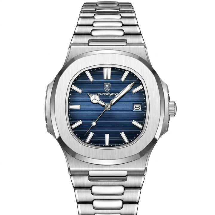Men's ultra-thin quartz watch blue dial stainless steel bracelet flat lay