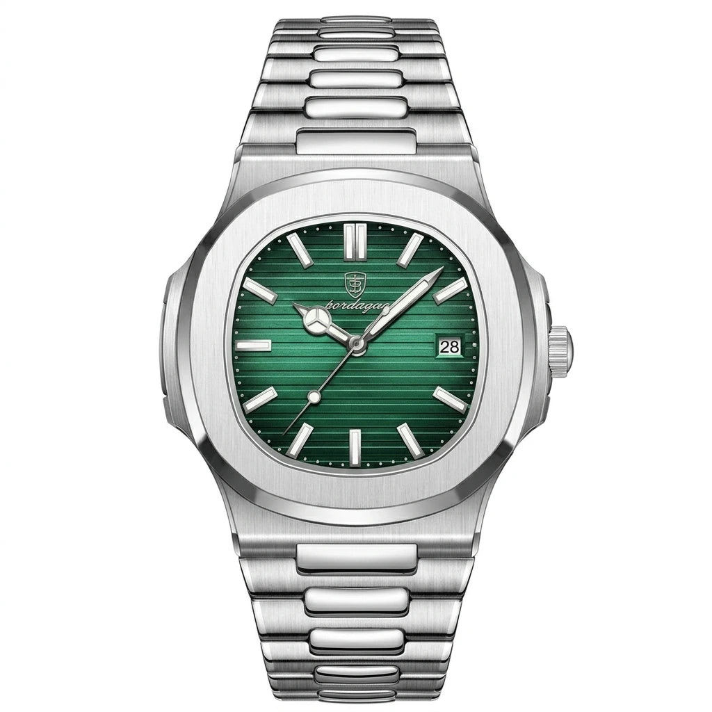 Blue dial baton hour markers date window stainless steel bracelet detail