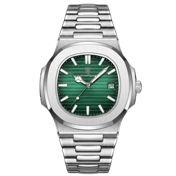 Blue dial baton hour markers date window stainless steel bracelet detail