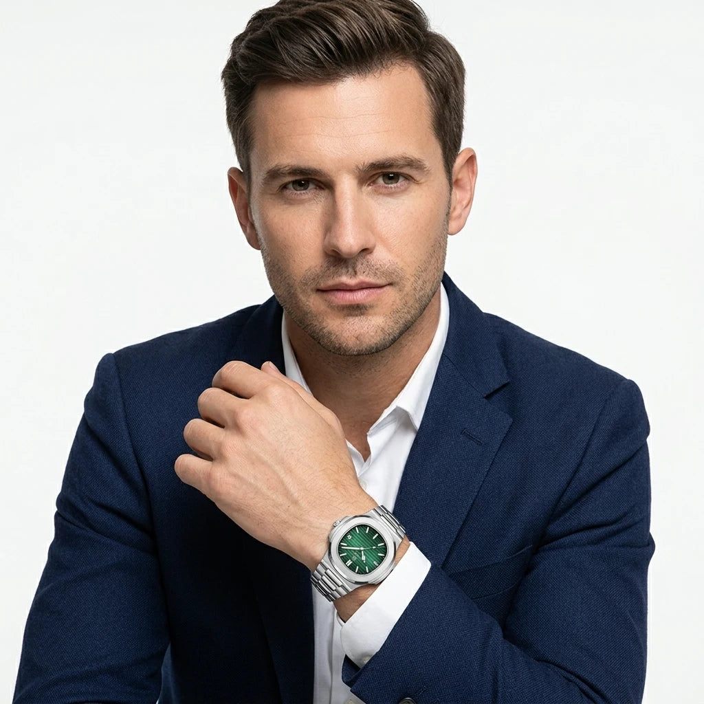 Man in suit wearing ultra-thin blue dial luxury quartz watch on wrist