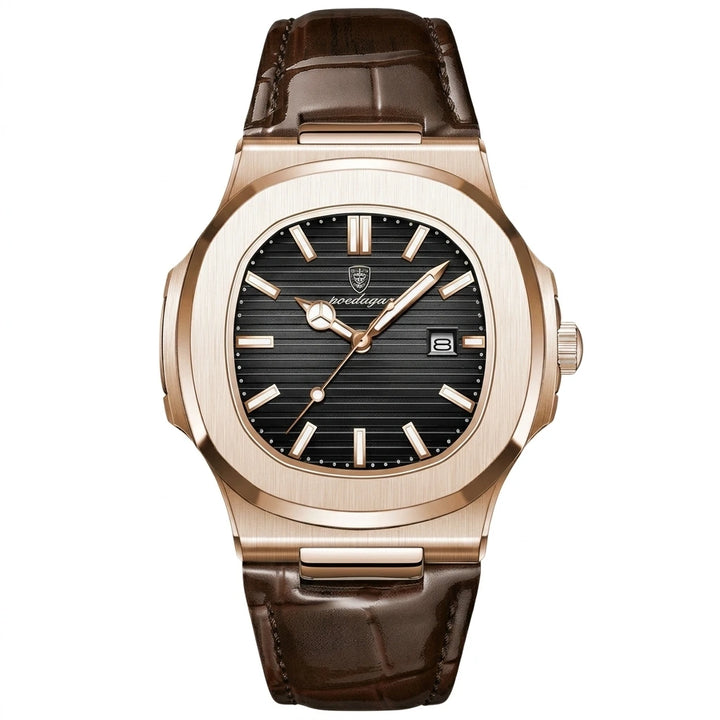 Crocodile-emboss brown leather watch strap close-up detail