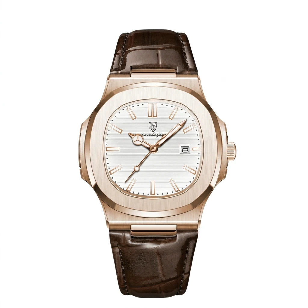Men's analog watch with octagonal rose gold case and blue dial, top-down view