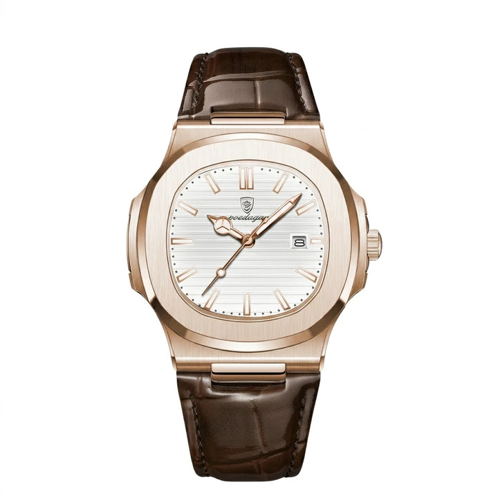 Men's analog watch with octagonal rose gold case and blue dial, top-down view