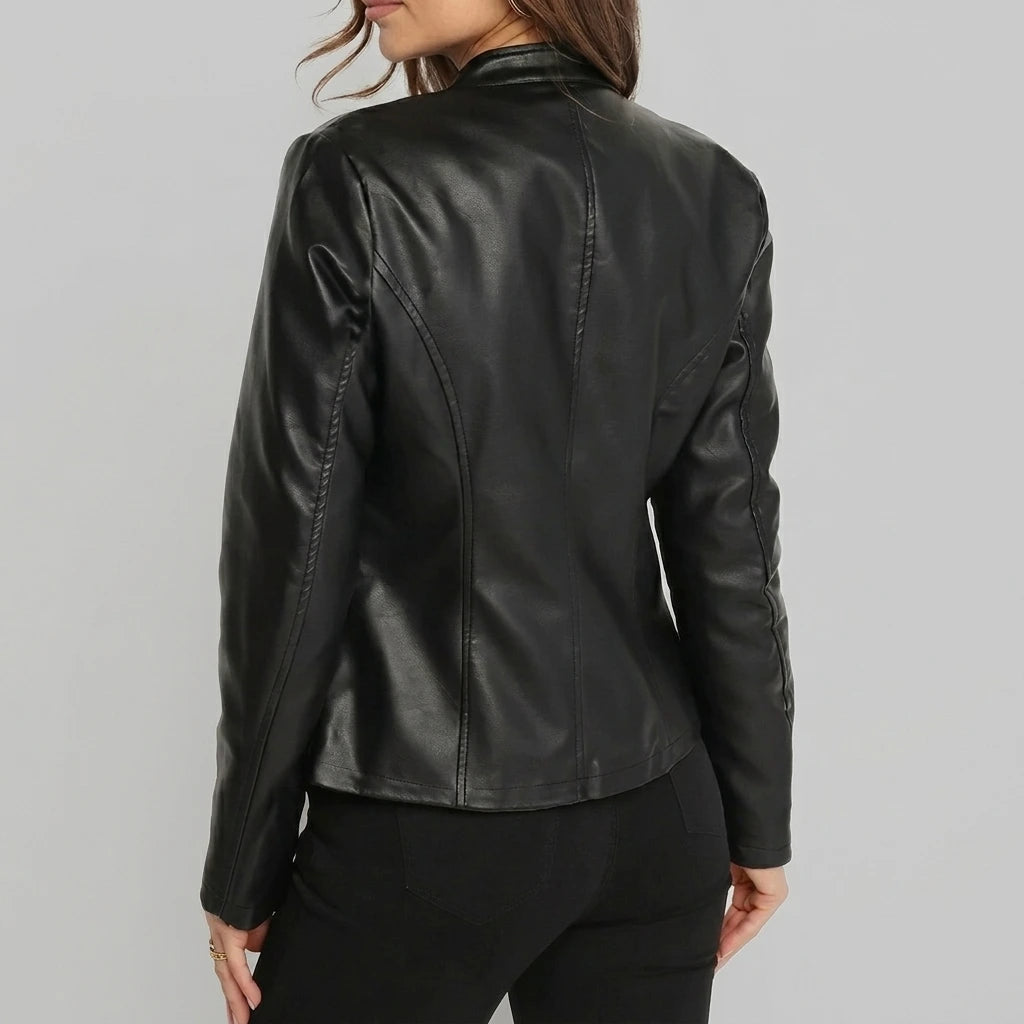 Women's black faux leather jacket side view cropped waist