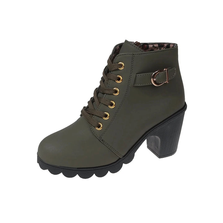 Lug-style treaded sole of chunky heel ankle boots