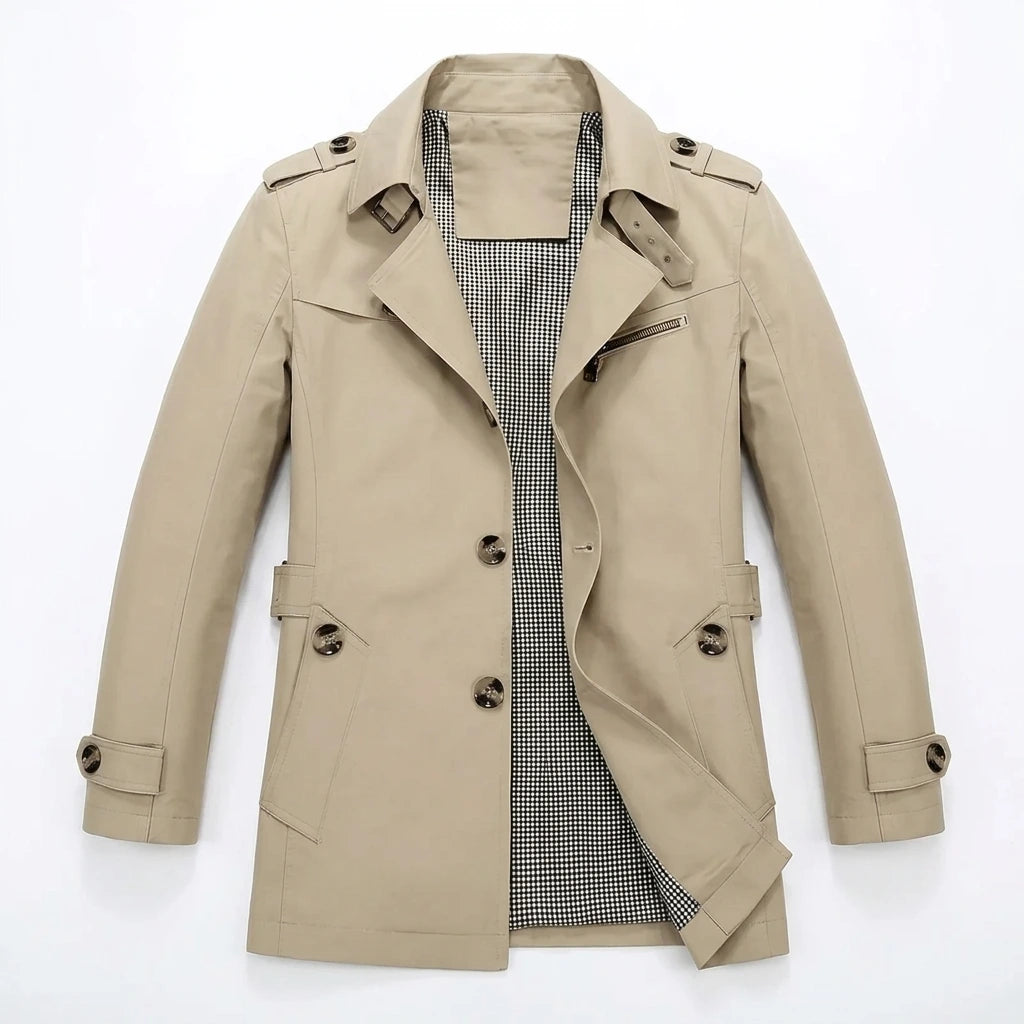 Men's trench coat, three-quarter side view, smart-casual styling