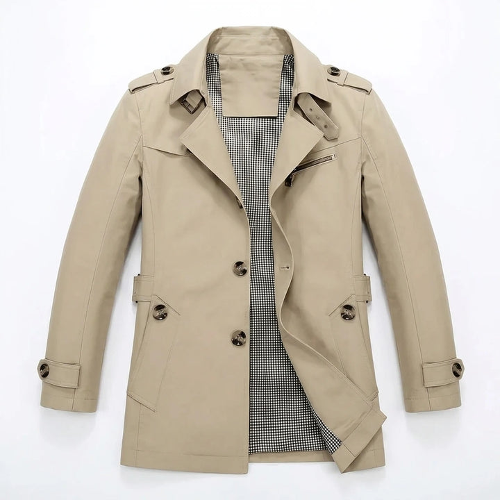 Men's trench coat, three-quarter side view, smart-casual styling