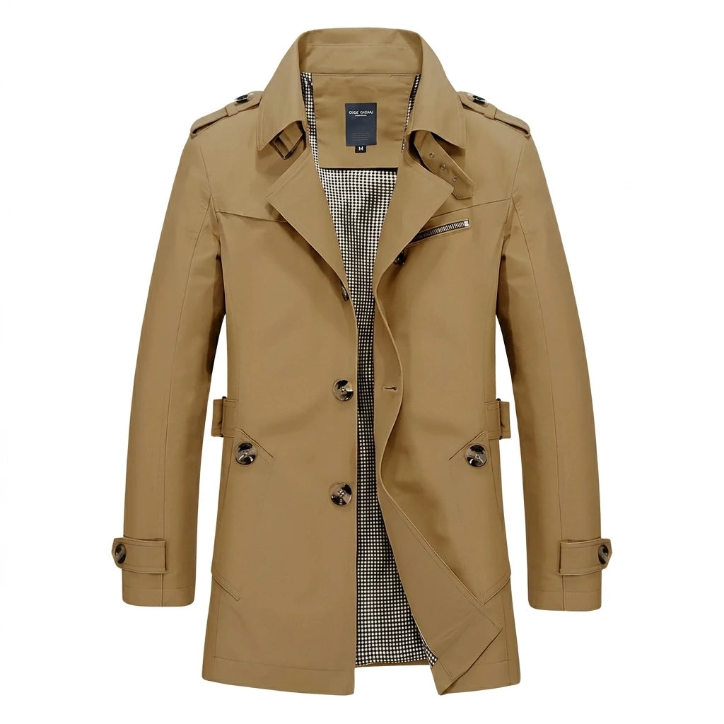 Men's mid-length trench coat, back view, smooth woven exterior