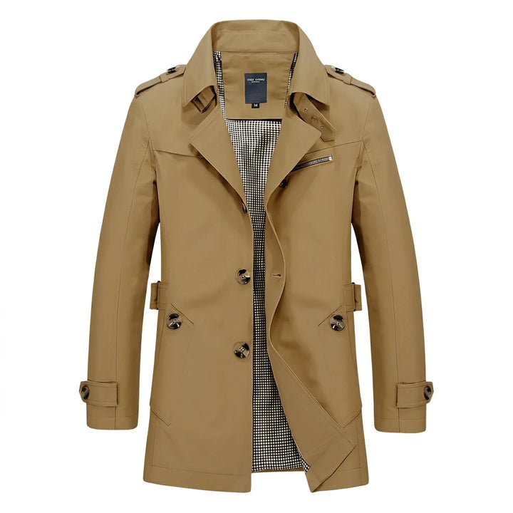 Men's mid-length trench coat, back view, smooth woven exterior