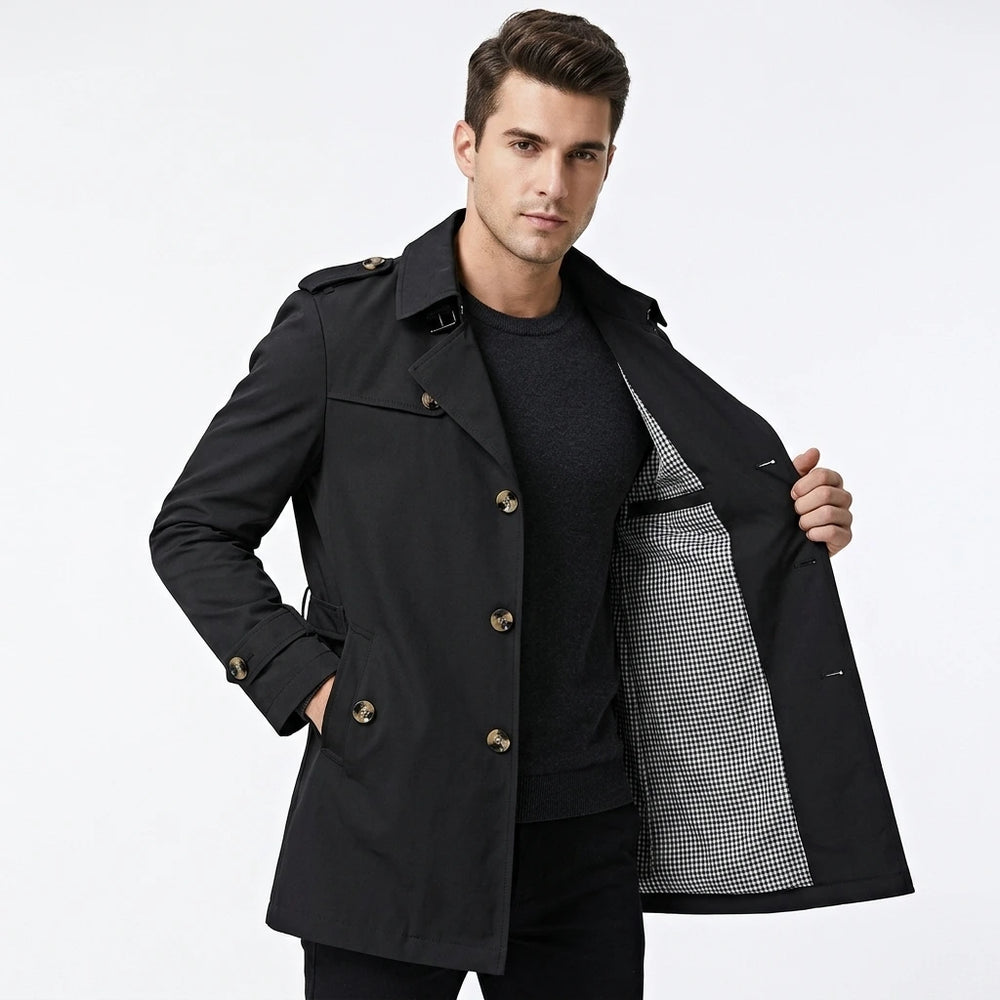 Men's mid-length trench coat, double-breasted, epaulettes, front view