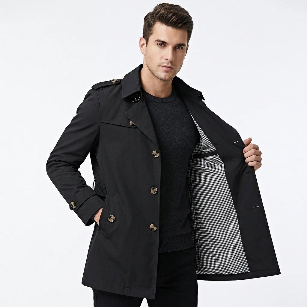 Men's mid-length trench coat, double-breasted, epaulettes, front view