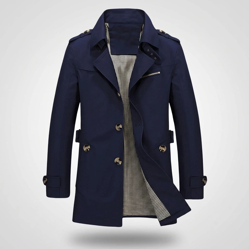 Trench coat interior detail — houndstooth-patterned lining, adjustable cuffs