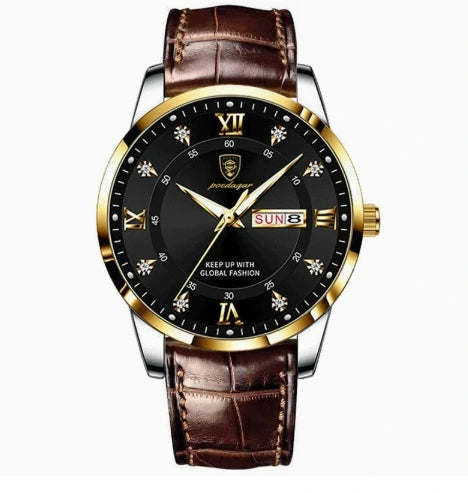 Men's gold-tone waterproof luminous watch with black dial and brown leather strap