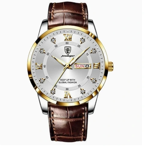 Men's gold-tone luminous dress watch with white dial and day-date complication