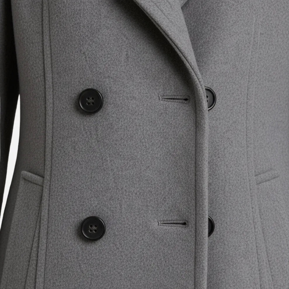 Women's double-breasted long overcoat black, tailored front view