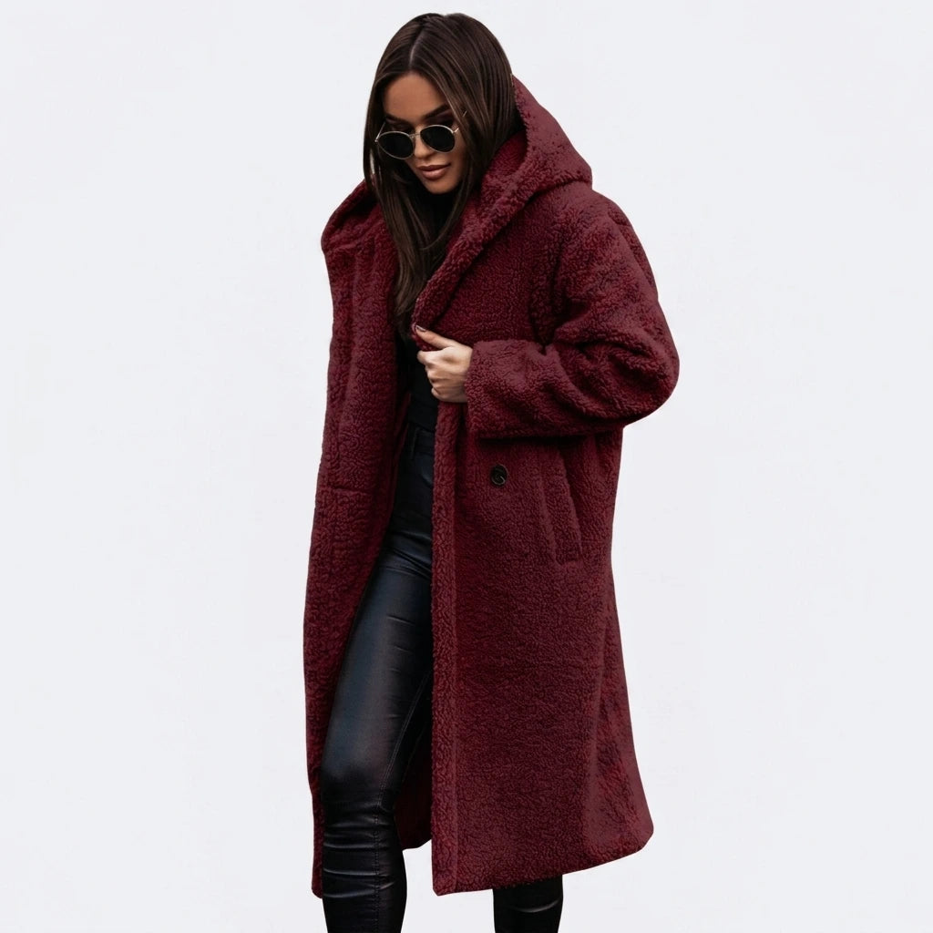 Women's long teddy coat with hood, open front, back view