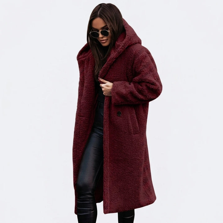 Women's long teddy coat with hood, open front, back view