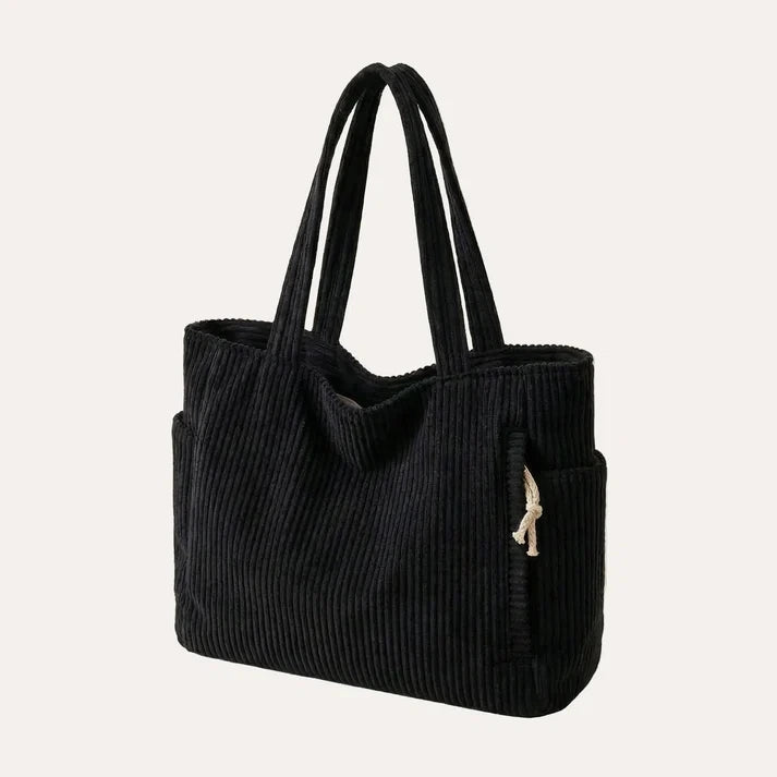 Close-up of corduroy tote bag interior with phone slot and ID pocket