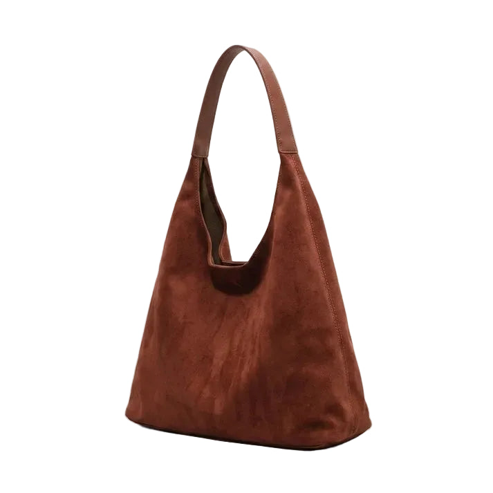 Slouchy hobo bag — suede-effect material, magnetic closure detail