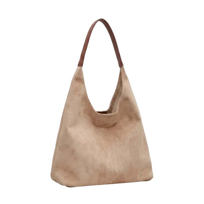Slouchy hobo bag in light beige suede with dark brown leather straps