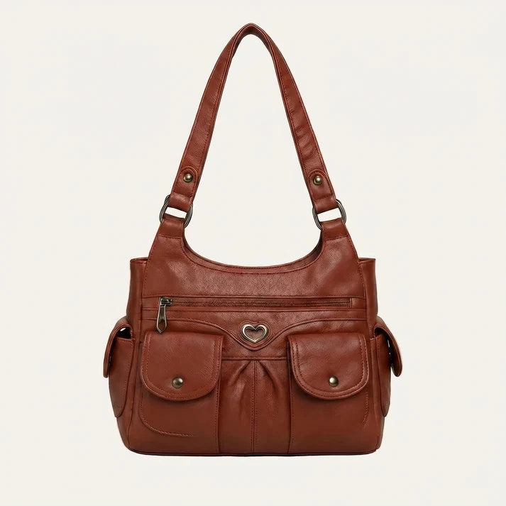 Women's shoulder bag dual straps front snap pockets, front view