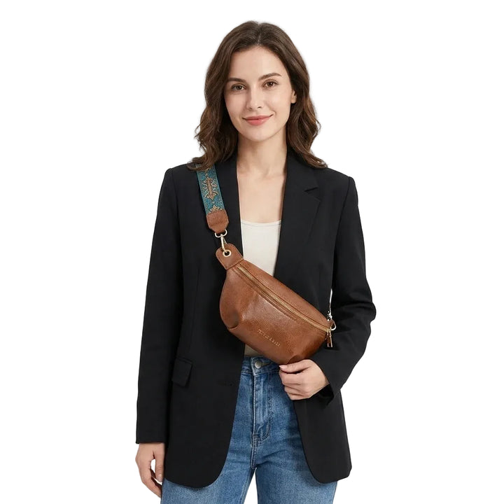 Women's brown leather crossbody belt bag with patterned strap, front view