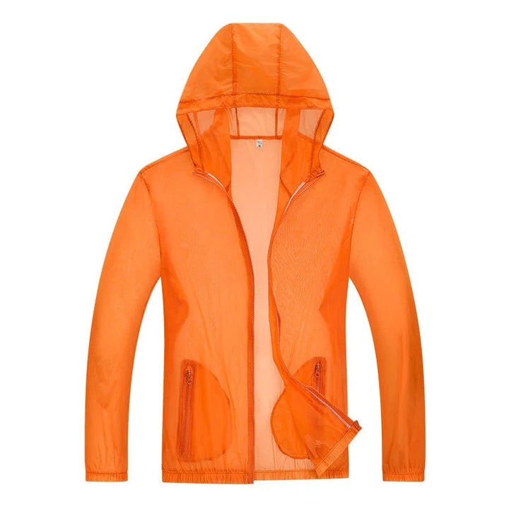 Men's rain jacket zip pocket and hood detail, bright green