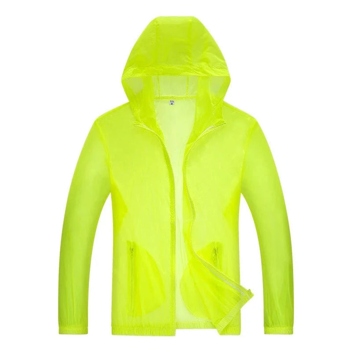Men's ultralight windbreaker rain jacket with hood, bright green, front
