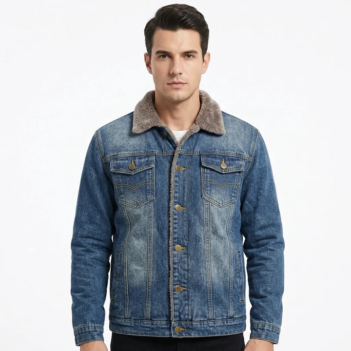 Slim-fit denim jacket back view showing W-shaped yoke detail