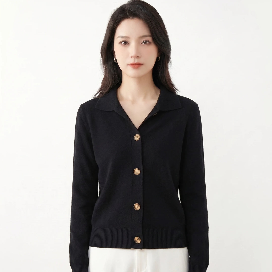 Women's knit button cardigan with ribbed hem and cuffs, side view