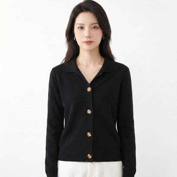 Women's knit button cardigan with ribbed hem and cuffs, side view