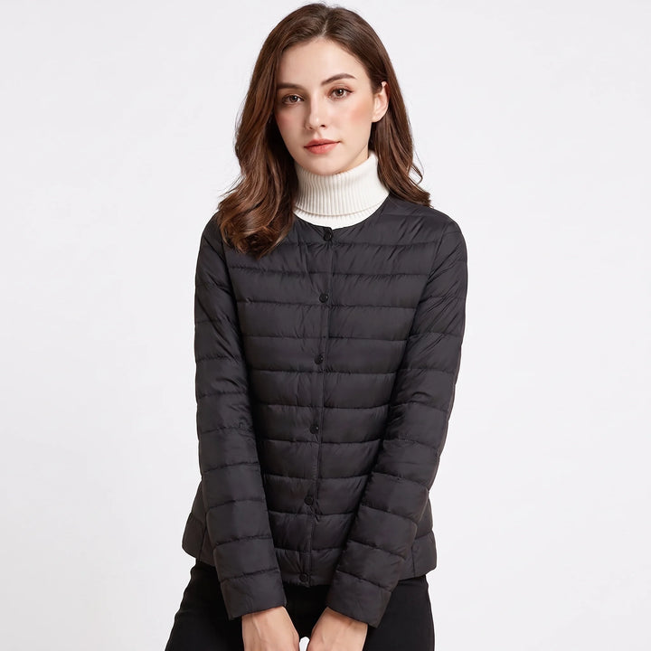 Women's quilted down jacket black long sleeve front view