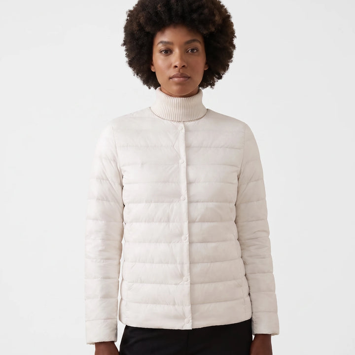 Quilted down jacket navy blue snap-front back view