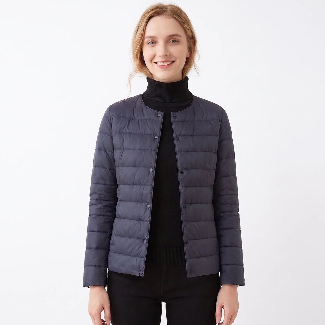 Lightweight quilted down jacket burgundy flat lay