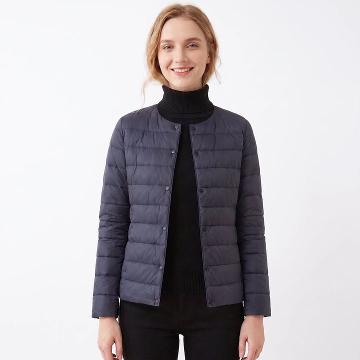 Lightweight quilted down jacket burgundy flat lay