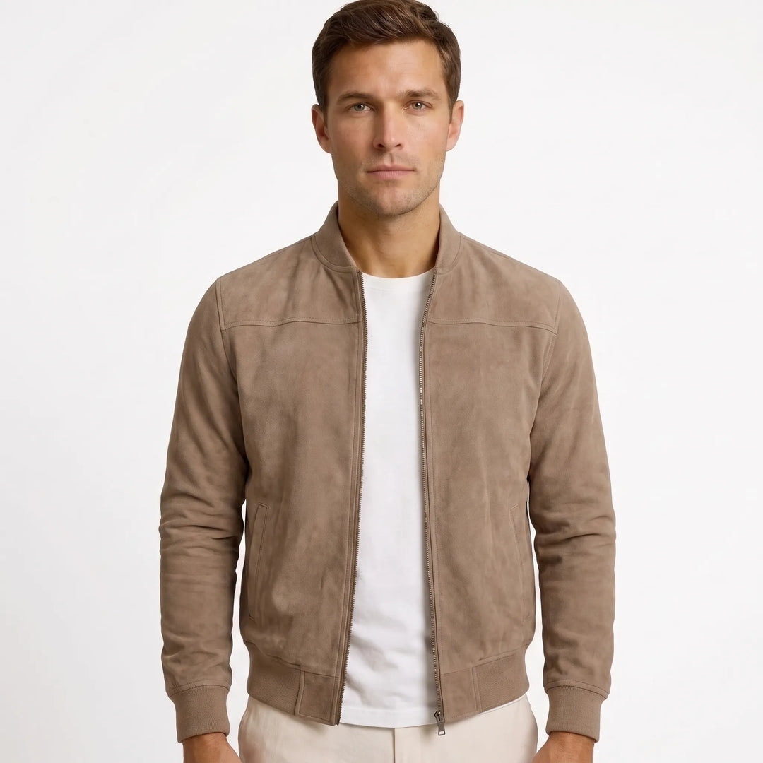 Men's fitted suede-look bomber jacket in brown, front view